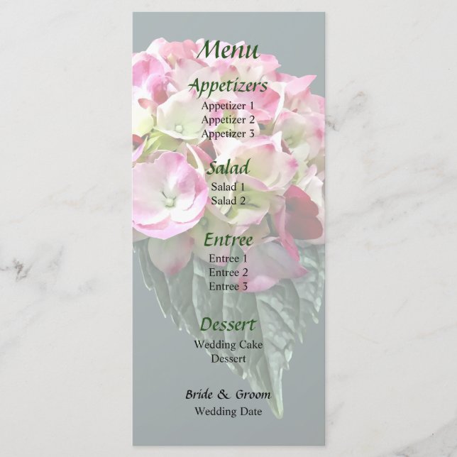 Menu Cardápio de Casamento com Hidrangea Rosa e Branca  (Frente)