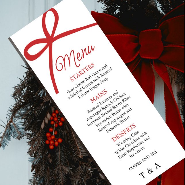 Menu Cardápio de Casamento com Laço Vermelho Elegante (Elegant Red Bow Wedding Menu #zazzlemade #christmas #weddingmenu #dinner #redbowmenu #blackred)