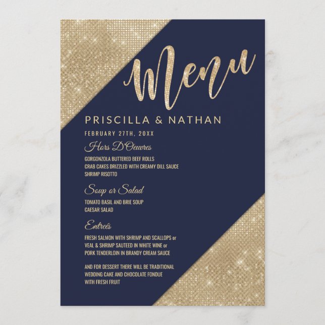 Menu Cardápio de Casamento com Lantejoulas Douradas e A (Frente)