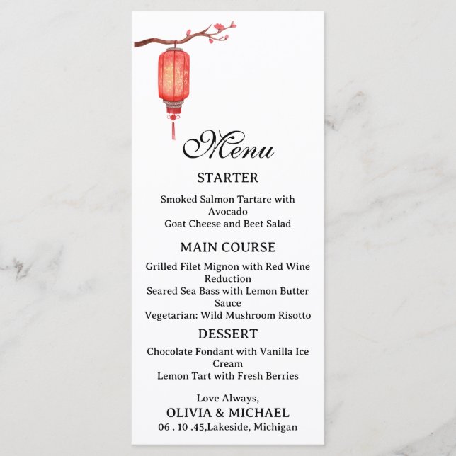 Menu cardápio de casamento com lanterna japonesa (Frente)