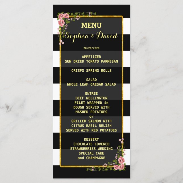 Menu Cardápio de Casamento com Listra de Folha Dourada  (Frente)