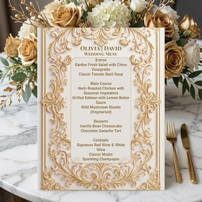 Menu Cardápio de Casamento com Moldura Floral Barroca e (Soft Gold Ivory Baroque Floral Frame Wedding Menu)