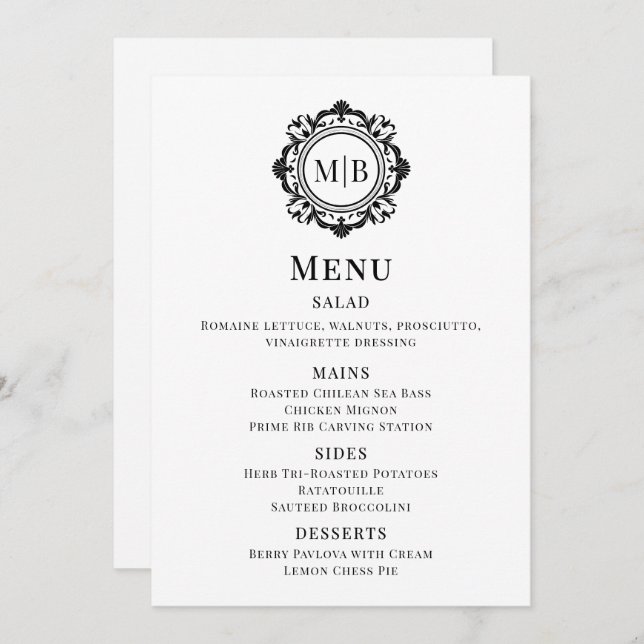 Menu Cardápio de Casamento com Monograma Floral Ornamen (Frente/Verso)
