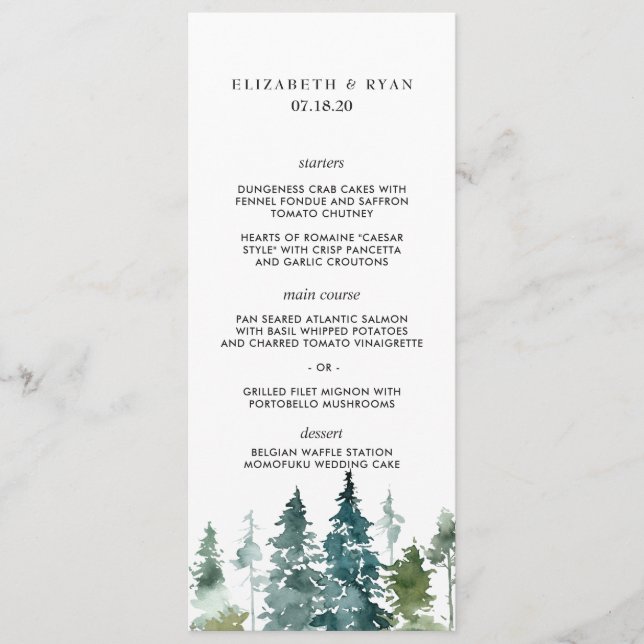 Menu Cardápio de Casamento com Pinos em Aquarela Minima (Frente)