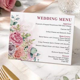 Menu Cardápio de Casamento com Rosas em Aquarela