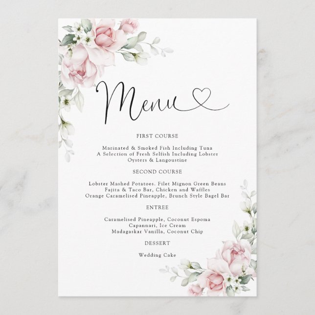 Menu Cardápio de Casamento com Rosas Rosa Bege (Frente)