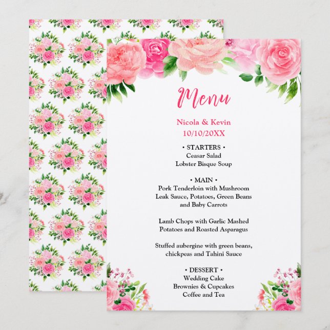 Menu Cardápio de Casamento com Rosas Rosas e Folhagens (Frente/Verso)