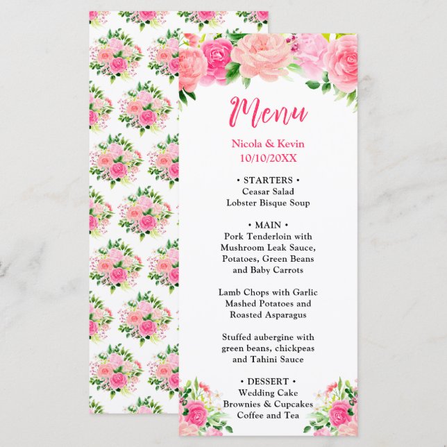 Menu Cardápio de Casamento com Rosas Rosas e Folhagens (Frente/Verso)