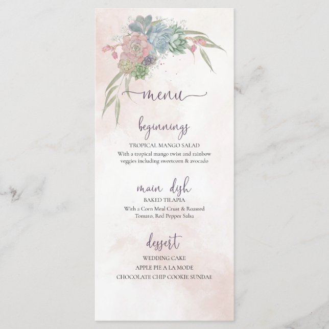 Menu Cardápio de Casamento com Suculentas Verde e Rosa (Frente)