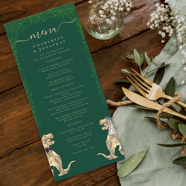 Menu Cardápio de Casamento com Tema de Dinossauros (dinosaur bride and groom dark green wedding menu watercolor T-Rex dino Jurassic eucalyptus foliage)