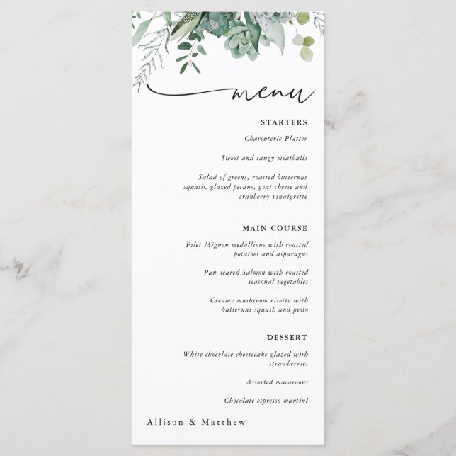 Menu Cardápio de casamento com vegetação suculenta e eu (Frente)