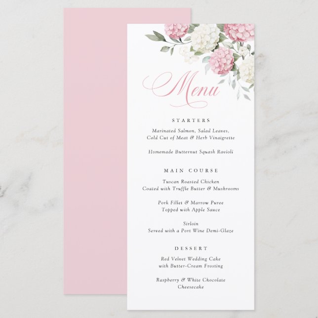 Menu Cardápio de casamento com verde e hortênsia rosa e (Frente/Verso)