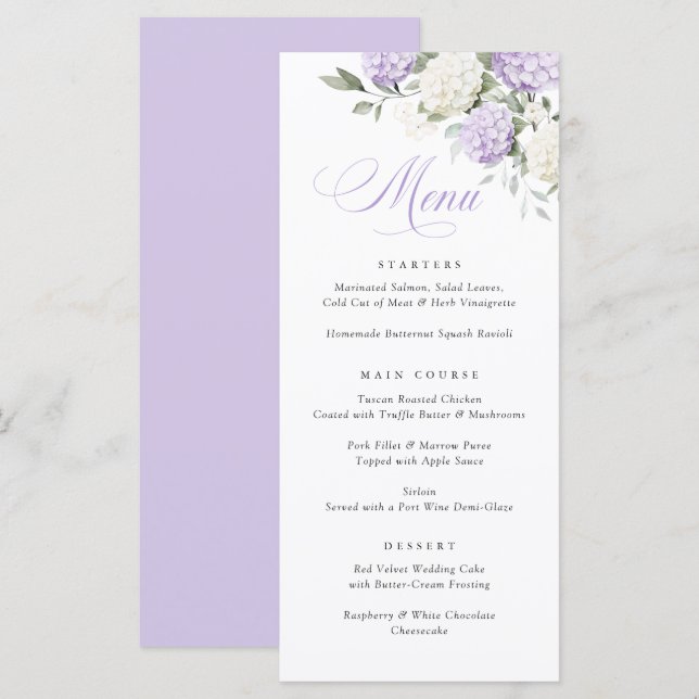 Menu Cardápio de casamento com verde e hortênsia roxa e (Frente/Verso)