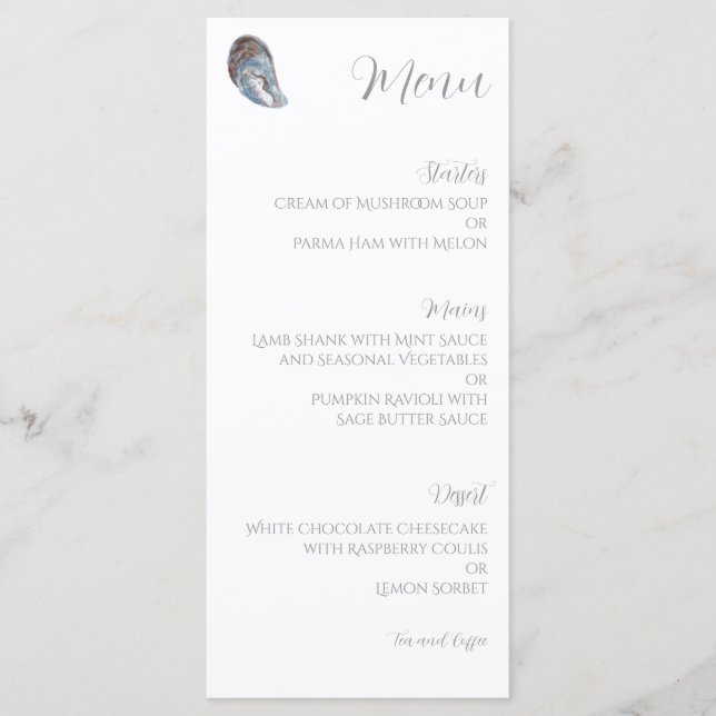 Menu Cardápio de Casamento Concha de Ostra Azul Aquarel (Frente)