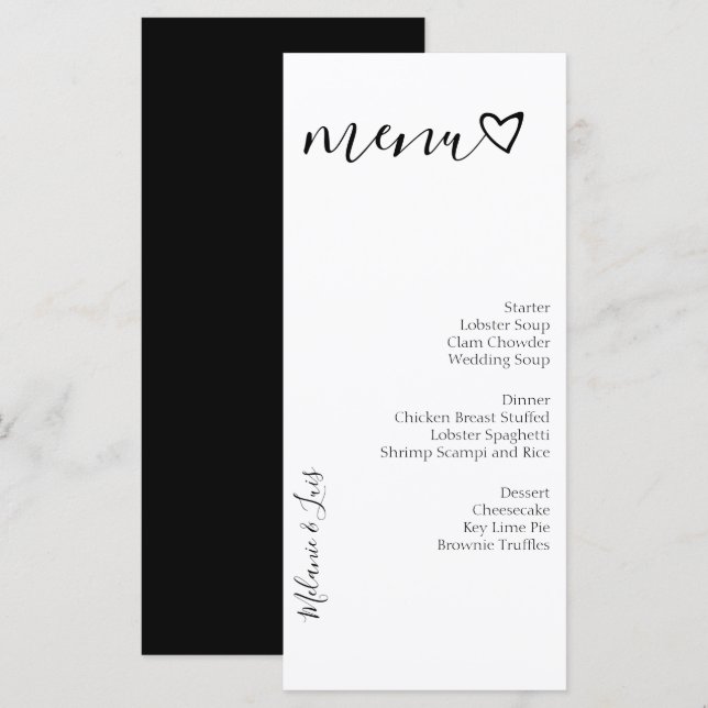 Menu Cardápio de Casamento Coração Preto e Branco (Frente/Verso)
