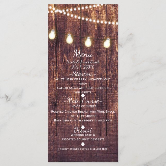 Menu Cardápio de Casamento Country com Luzes de Madeira (Frente)