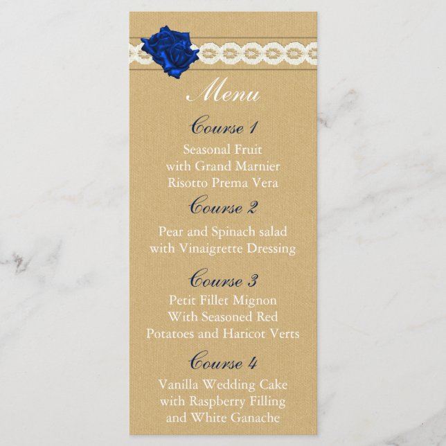 Menu cardápio de casamento da burlap e marinho blue mas (Frente)
