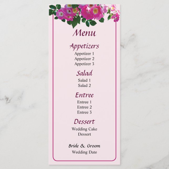 Menu Cardápio de casamento da Rosa Pink Rambler (Frente)