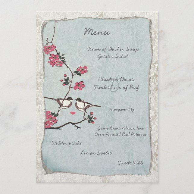Menu Cardápio de Casamento Damask Flor de Cerejeira Chi (Frente)