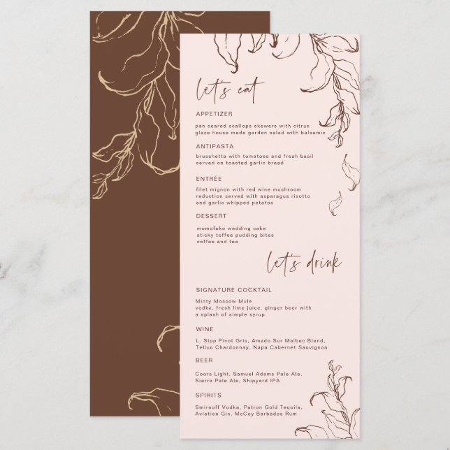 Menu Cardápio de Casamento de Botânicos Minimalistas Bo (Frente/Verso)