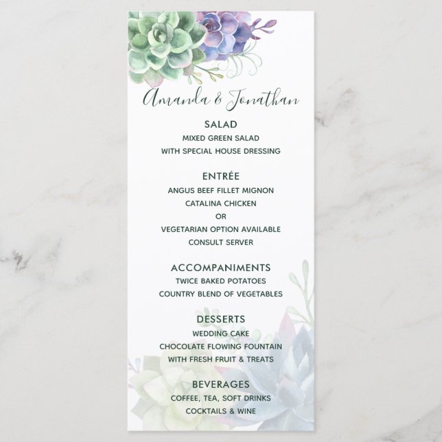 Menu Cardápio de Casamento de Cactus Suculentas Aquarel (Frente)