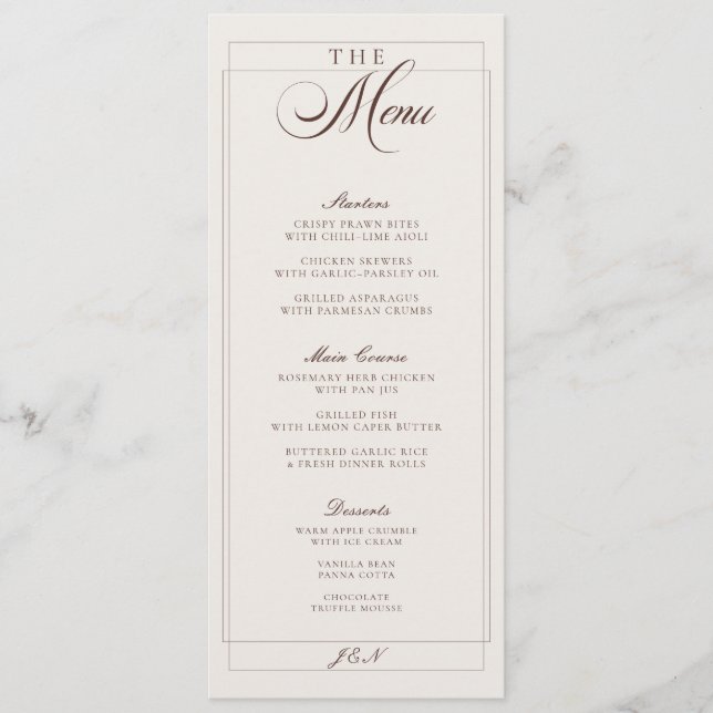 Menu Cardápio de Casamento de Caligrafia Marrom Marfim  (Frente)
