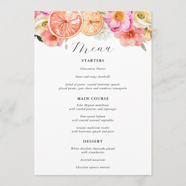 Menu Cardápio de Casamento de Citros Rosa Brilhante (Frente)