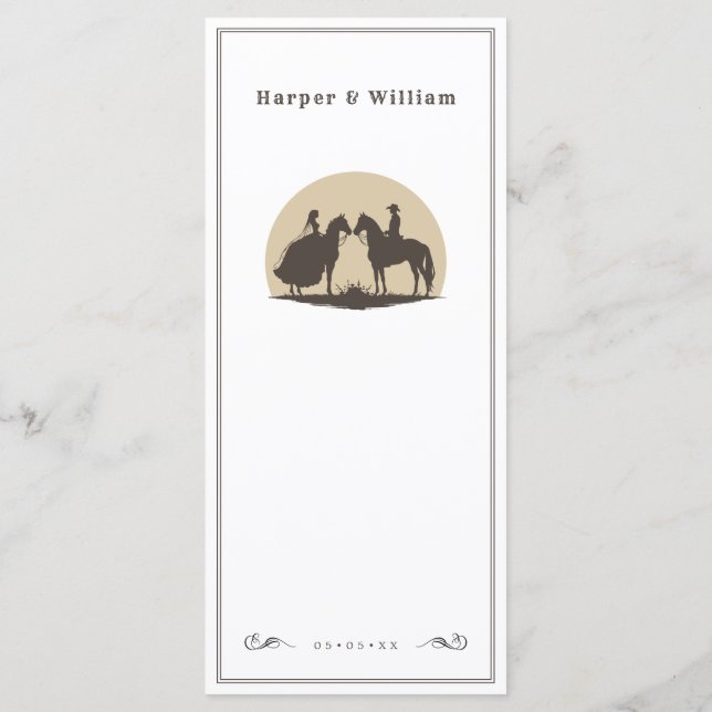 Menu Cardápio de casamento de cowboy de cavalo oeste se (Verso)