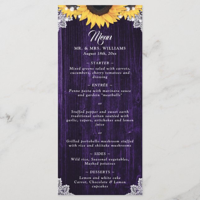 Menu Cardápio de Casamento de Flor de Girassol de Madei (Frente)