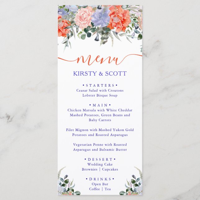 Menu Cardápio de Casamento de Flores de Verão em Aquare (Frente)