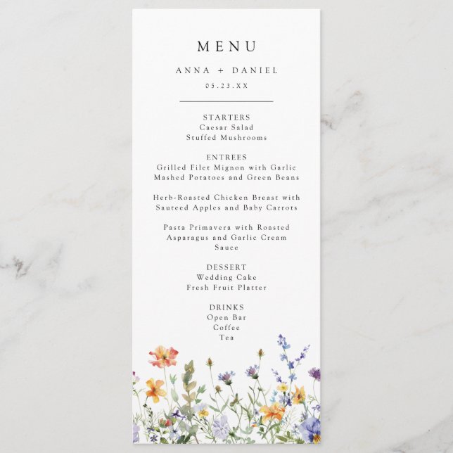 Menu Cardápio de Casamento de Flores Silvestres Colorid (Frente)