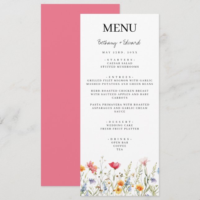 Menu Cardápio de Casamento de Flores Silvestres da Prim (Frente/Verso)