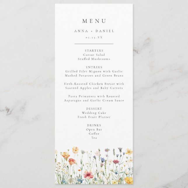 Menu Cardápio de Casamento de Flores Silvestres da Prim (Frente)
