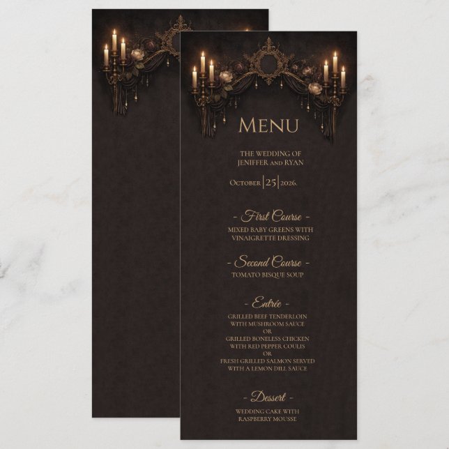 Menu Cardápio de casamento de Halloween gótico floral e (Frente/Verso)
