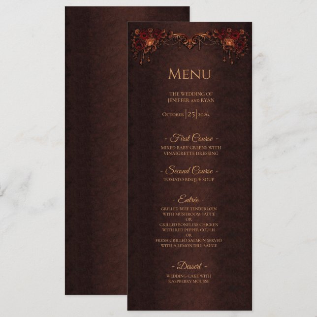 Menu Cardápio de casamento de Halloween gótico floral e (Frente/Verso)