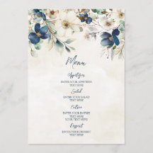 Cardápio de Casamento de Inverno Floral Azul Elega