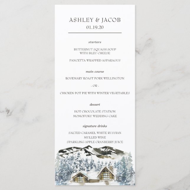Menu Cardápio de Casamento de Inverno Rústico na Montan (Frente)