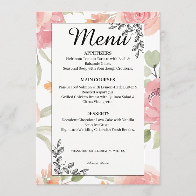 Menu Cardápio de Casamento de Jardim de Primavera com P (Frente)