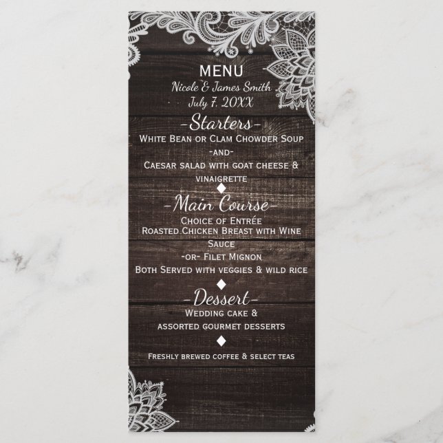 Menu Cardápio de Casamento de Madeira Rústica Escura e  (Frente)