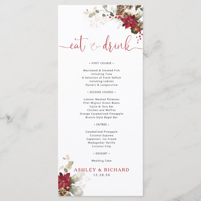Menu Cardápio de Casamento de Natal com Floral Vermelho (Frente)