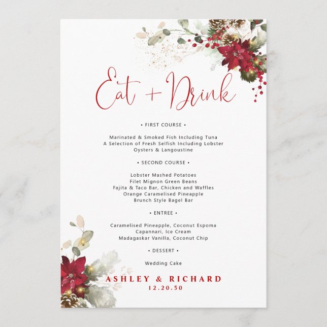 Menu Cardápio de Casamento de Natal com Flores Vermelha (Frente)