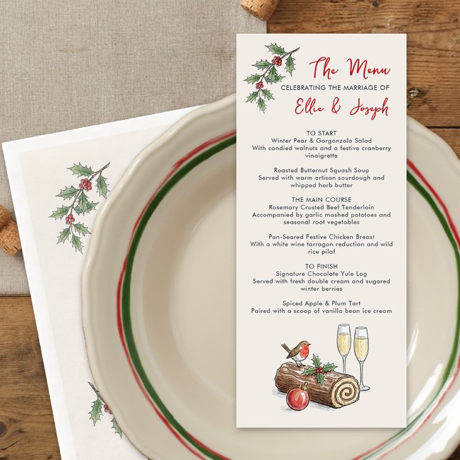 Menu Cardápio de Casamento de Natal com Tora de Yule Ca (Editable Menu from the Whimsical Champagne Tower Holiday Wedding Collection by Darling & May)