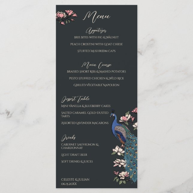 Menu Cardápio de Casamento de Pavão Desenhado à Mão Pre (Frente)