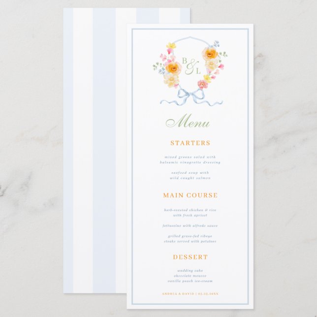Menu Cardápio de Casamento de Primavera com Listras Azu (Frente/Verso)