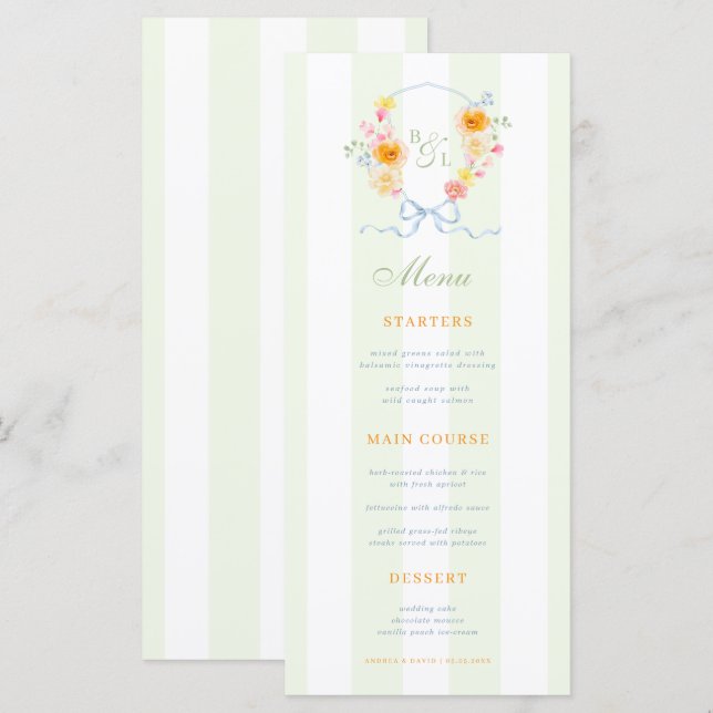 Menu Cardápio de Casamento de Primavera com Listras Ver (Frente/Verso)