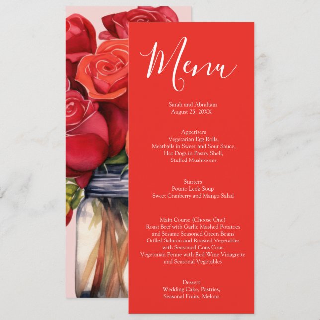 Menu Cardápio de casamento de rosas vermelhas elegantes (Frente/Verso)