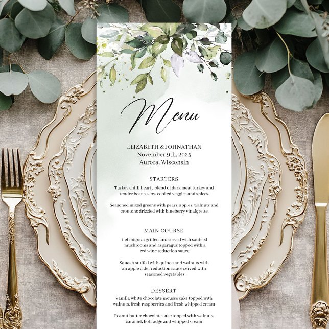 Menu cardápio de casamento de verde e dourado boho com  (Boho greenery and gold eucalyptus wedding menu)