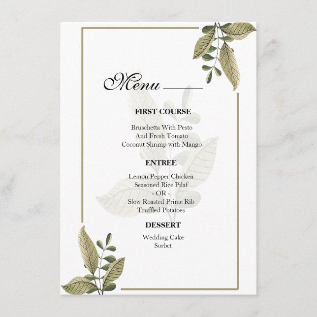 Menu Cardápio de Casamento de Verde Elegante Minimalist (Frente)