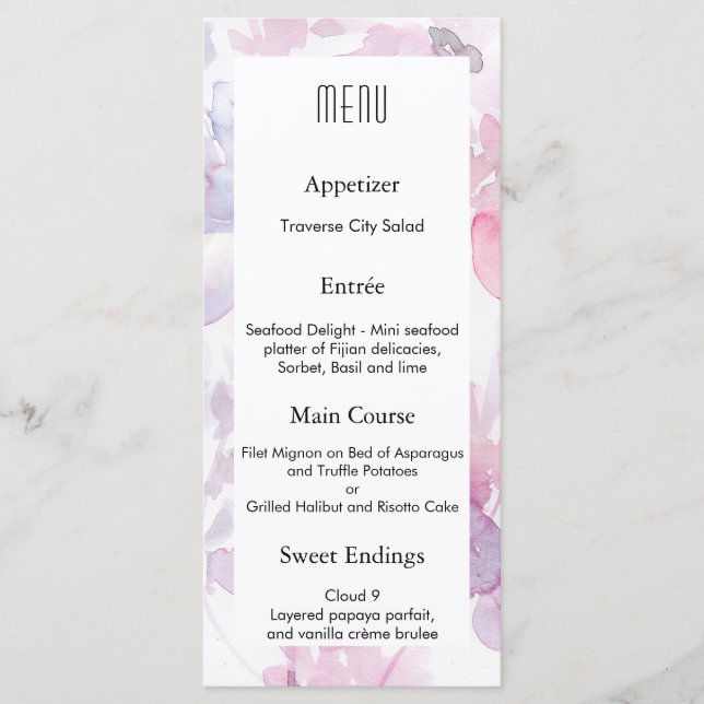 Menu Cardápio de Casamento Delicadas Flores em Aquarela (Frente)
