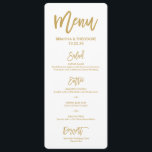 Menu Cardápio de Casamento Dourado com Letras à Mão Chi<br><div class="desc">Cardápio de casamento dourado elegante com fontes de letra modernas e escrito "Coma,  Beba e Case" no verso.</div>
